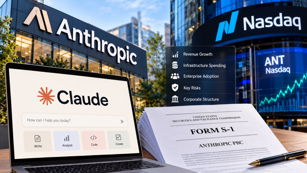 Anthropic IPO and Claude AI business analysis featuring AI computing infrastructure and financial market imagery.