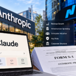Anthropic IPO and Claude AI business analysis featuring AI computing infrastructure and financial market imagery.