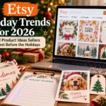 Etsy holiday trends 2026 featuring printable Christmas invitations, holiday planners, party games, personalized pet cards, and digital product ideas