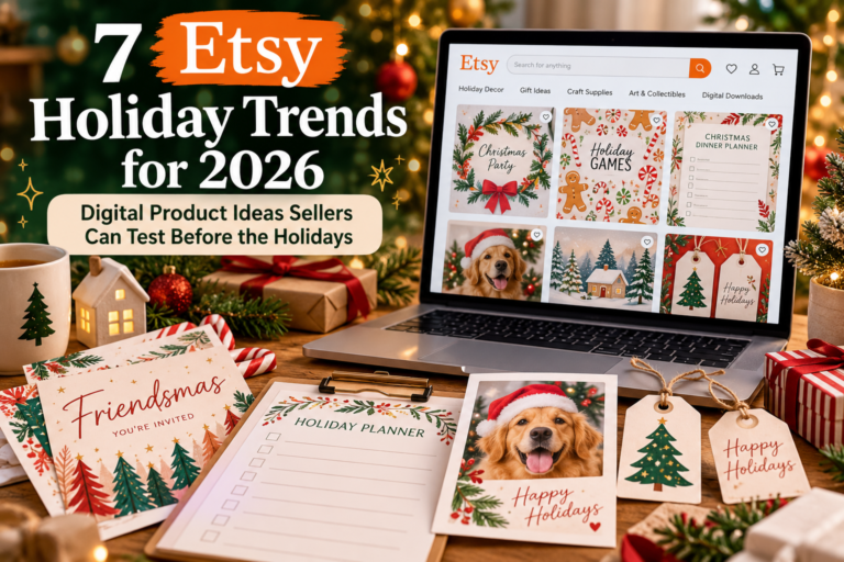 Etsy holiday trends 2026 featuring printable Christmas invitations, holiday planners, party games, personalized pet cards, and digital product ideas