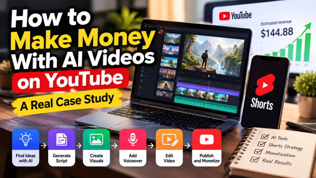 AI video production workflow for YouTube Shorts, showing video editing, monetization analytics, and a reported $144.88 revenue case study