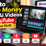 AI video production workflow for YouTube Shorts, showing video editing, monetization analytics, and a reported $144.88 revenue case study