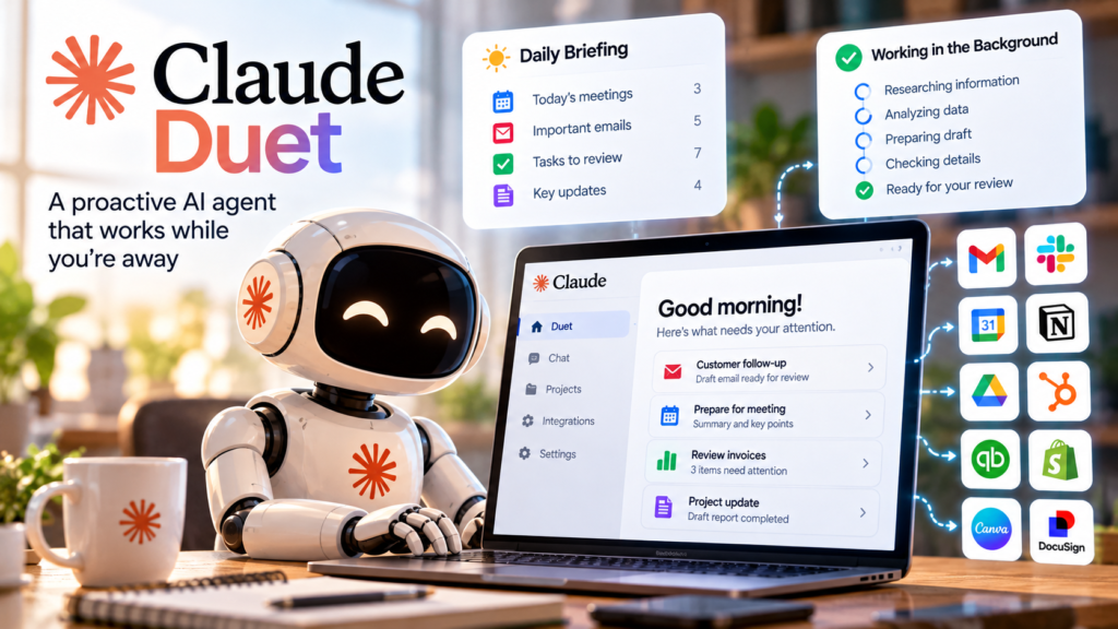 Claude Duet proactive AI agent managing daily briefings, connected apps, and background tasks