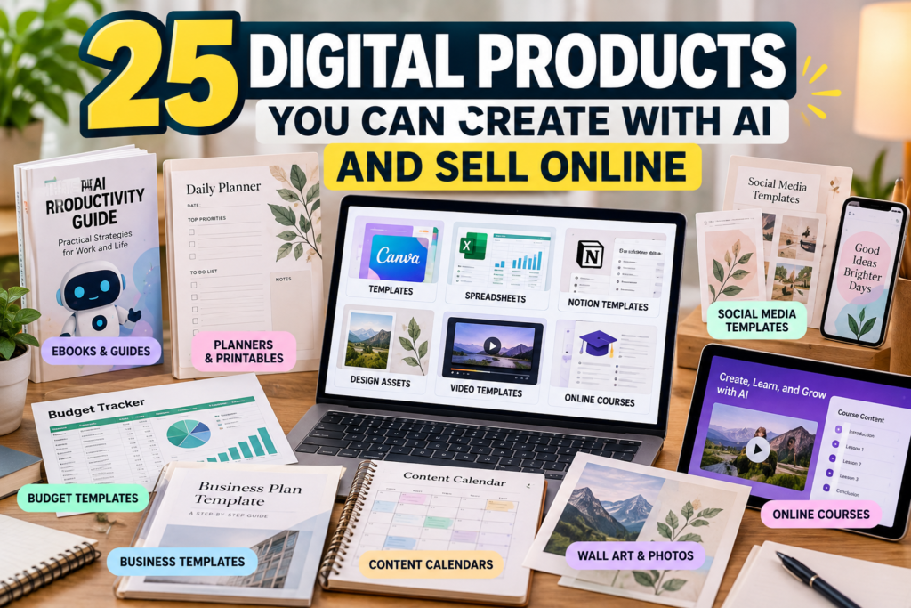 Twenty-five digital product ideas for AI creators, including ebooks, planners, templates, spreadsheets, design assets, and online courses.