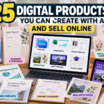 Twenty-five digital product ideas for AI creators, including ebooks, planners, templates, spreadsheets, design assets, and online courses.