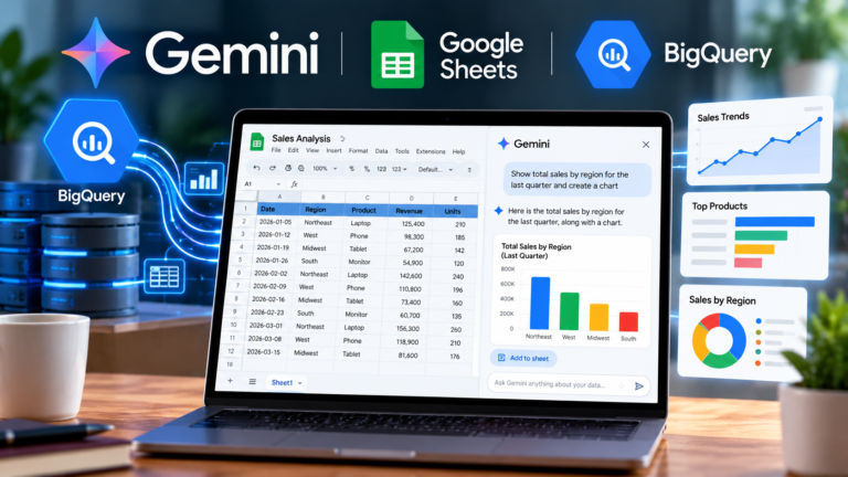 Gemini in Google Sheets analyzing BigQuery data with natural-language prompts and automated charts.