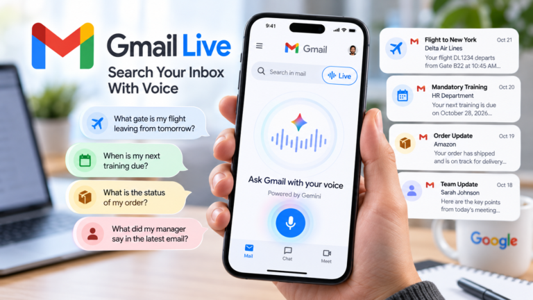 Gmail Live voice search interface showing how users can search their inbox by speaking