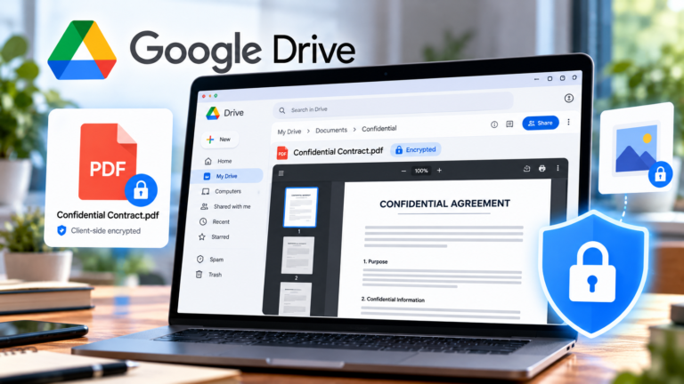 Google Drive displaying a client-side encrypted PDF document in a browser with a security lock symbol