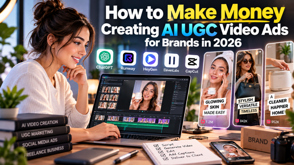 AI UGC video creator producing short product advertisements for ecommerce brands using AI tools and video editing software
