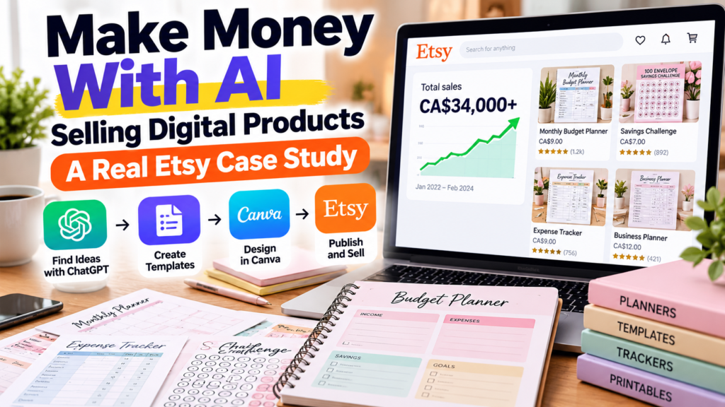 Make money with AI by creating digital planners, budgeting templates, and printable products to sell online, illustrated with an Etsy sales dashboard.