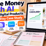 Make money with AI by creating digital planners, budgeting templates, and printable products to sell online, illustrated with an Etsy sales dashboard.