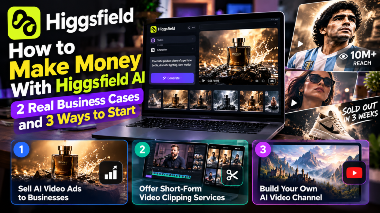 How to make money with Higgsfield AI by creating video ads for businesses, offering short-form video clipping services, and building an original AI video channel