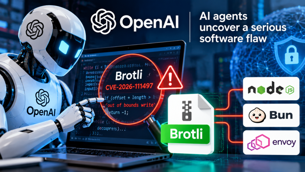 Illustration of OpenAI AI agents investigating a Brotli security vulnerability affecting Node.js, Bun, and Envoy