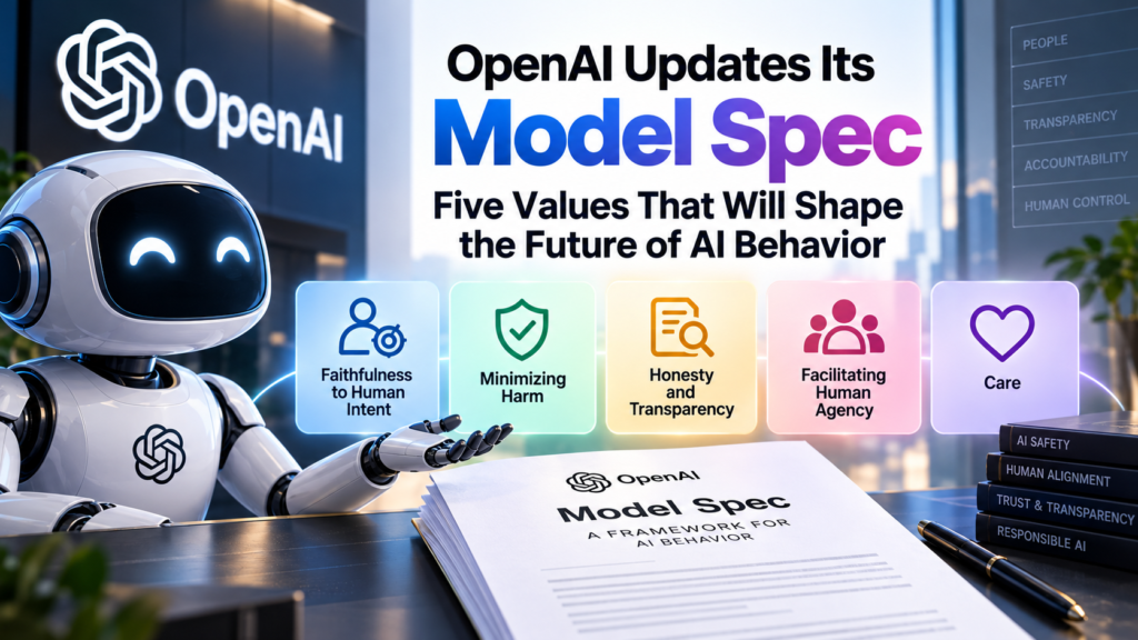 OpenAI Model Spec five core values: human intent, harm minimization, honesty, human agency, and care.