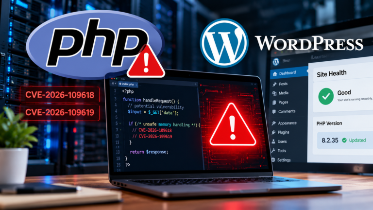 Cybersecurity warning illustrating PHP vulnerabilities affecting WordPress websites and web servers