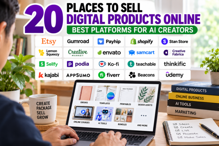 Comparison of 20 online platforms for selling digital products, including ebooks, templates, online courses, and AI-assisted resources.