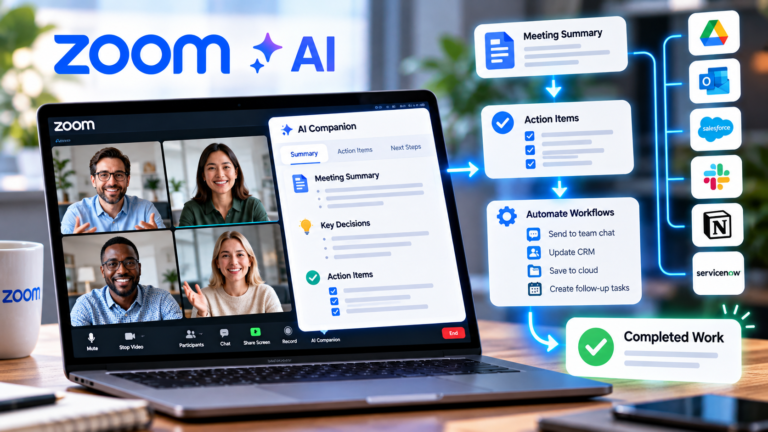 Zoom AI meeting assistant turning meeting summaries into action items, automated workflows, and completed tasks